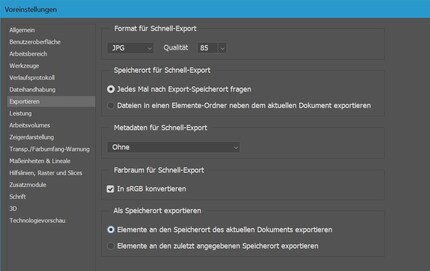 Die Export-Voreinstellungen in Photoshop