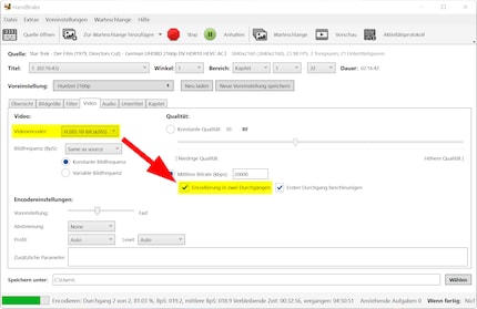 Die Umwandlung in zwei Durchgängen bietet bessere Qualität und niedrigere Dateigrösse auf Kosten einer Menge Zeit.