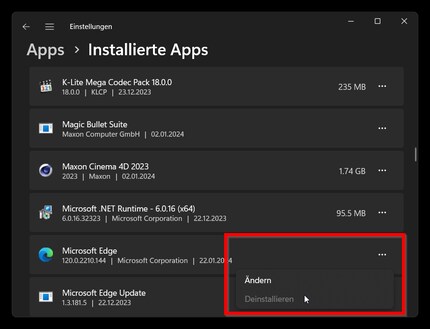 Edge auf normalem Weg deinstallieren oder deaktivieren geht mit aktuellstem Windows 11 nicht mehr. Auch diese Option ist ausgegraut.
