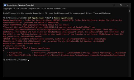 Edge mit Windows PowerShell deinstallieren geht ebenfalls nicht mehr.