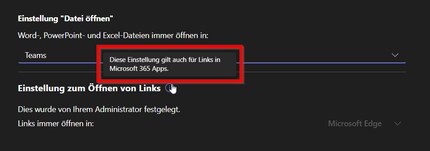 Der Hinweis, dass diese Einstellung für alle Microsoft 365 Apps gilt, bringt mich weiter.
