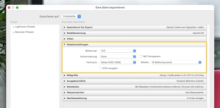 If you want to process or print a file, we recommend exporting it in TIFF with strong colour depth.