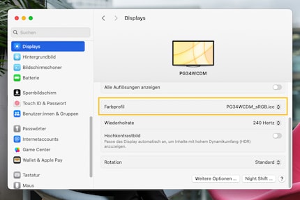 In macOS, you can select the colour profile in the display settings. Here’s an sRGB profile for the Asus PG34WCDM.