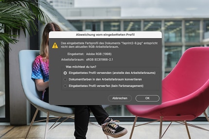If the image and working colour space don’t match, Photoshop offers several options.