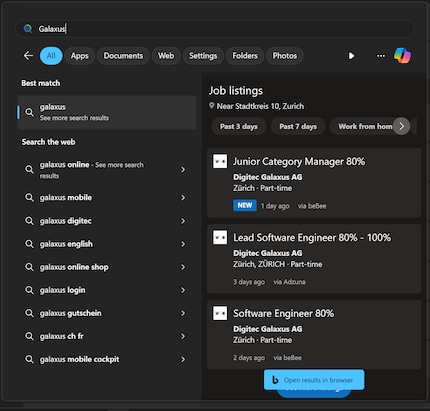 All I want is the folder at the top left – but half a dozen web results make things tedious.
