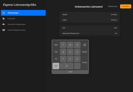 Neben der Leinwandgrösse findest du am linken Rand weitere Möglichkeiten zur Personalisierung deines Projektes wie das Farbprofil.
