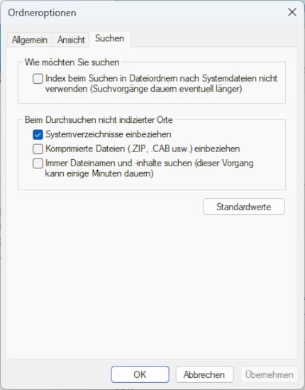 Der Index beschleunigt die Suche nach Dateien und Ordnern.