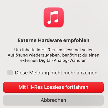 Für Hi-Res-Lossless empfiehlt Apple Music einen externen DAC-Wandler.